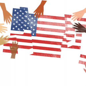 Illustration of many hands of different skin tones clutches pieces of an American flag