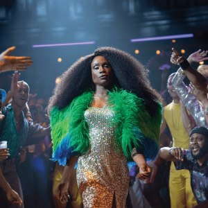 A confident, well-dressed Black, trans woman walks through a crowd toward the camera