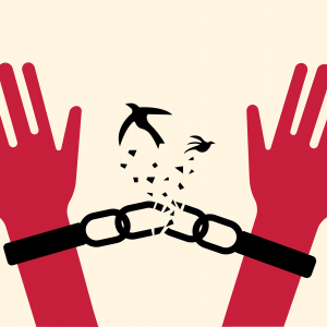 The illustration shows red hands in handcuffs that have been broken by a peace dove