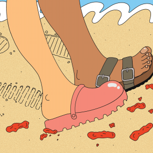 Illustration of a brown foot in Birkenstocks and a white foot in pink Crocs walking along a Cheeto-strewn beach