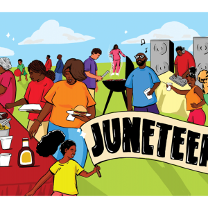 Illustration of Black people at a cookout with a Juneteenth banner
