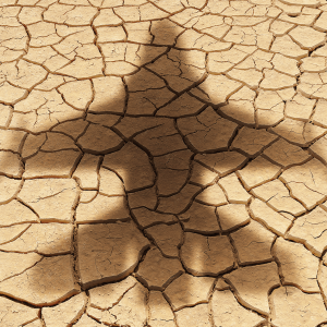 The shadow of a military aircraft falls over parched, cracked land