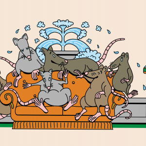 The illustration shows six rats chilling on an orange couch in front of a the iconic fountain from the show "Friends" and there is also a lamp 