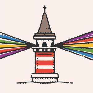 Illustration of rainbow lights beamed out the windows of a church steeple
