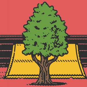 Illustration of a Cypress tree with a bulldozer coming up behind it