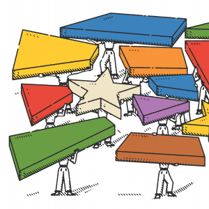 Illustration of people holding up stars and colorful building blocks.