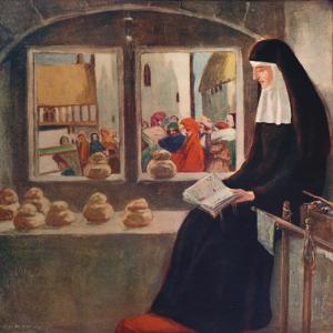 A painting called "Mother Julian": Julian of Norwich, pictured in nun's clothing, sitting inside a small room reading a book. There's a view of two windows behind her that show villagers milling about in a medieval town.