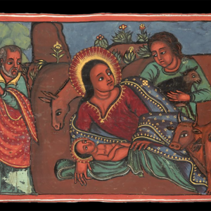 An ancient illustration of Mary giving birth to Jesus with the help of midwives as they are surrounded by animals.