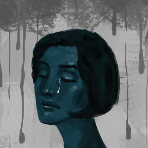 The illustrations shows the head of a woman whose eyes are closed, with a single tear falling down her face. The background covered in gray drips. 