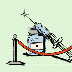Illustration of a vaccine needle behind a barrier.