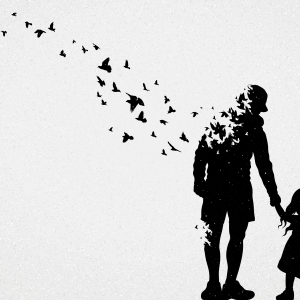 The illustration show the silhouette of a father holding a child's hand, as he dissolves into butterflies. 