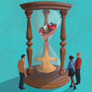 Illustration of an hourglass on a teal background; top of the hourglass holds a red/white/blue dem. donkey, rep. elephant, and flag; these dissolve into sand in the bottom of the hourglass. Three people surround the glass, staring at the flag.