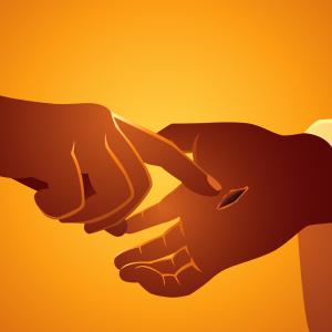 An illustration with a bright orange backdrop that shows a hand with dark skin touching the stigmata in the middle of Jesus' palm.