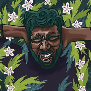 A black man with a dark green beard and curly hair is wearing a dark gray sweater and lifting his hands to plug his ears as he yells. His head fits within an abstract arch of light pink flowers. He's surrounded by light green leaves in the background.