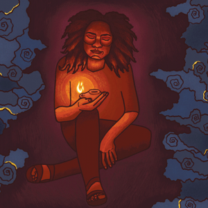 The illustration shows a woman holding a candle sitting in the darkness, with blue, cloud-like shapes surrounding her on the edges. 