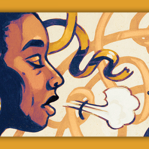 Illustration of a black woman with big gold hoop earrings blowing out a breath in front of a gold ribbon background.