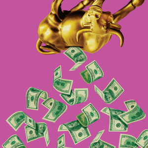 Graphic of money spilling out of a golden calf piggy bank.