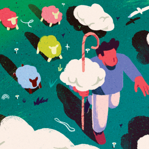 An illustration of a shepherd leading a flock of rainbow-colored sheep.