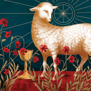 A lamb is surrounded by red poppies and a golden chalice.