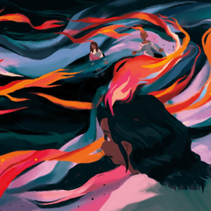 Illustration of abstract fire moving among a group of women.