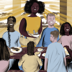 An illustration of Wisdom, depicted as a Black woman, hosting a party and bringing food to a full table.