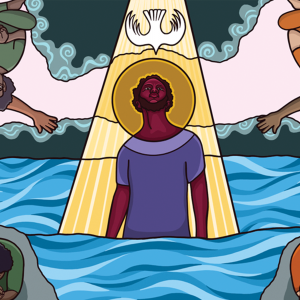 The illustration shows a Jesus figure with a halo standing in a body of water, looking up at a peace dove. Praying figures are on the edges 