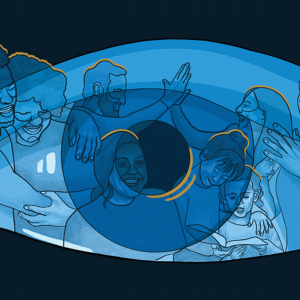 The illustration shows a giant blue eye with silhouettes of people in front of it.