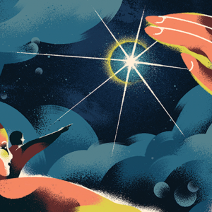 An illustration of two people in the bottom left corner of the image who are looking up into the night sky, where the Star of Bethlehem pierces through the clouds.