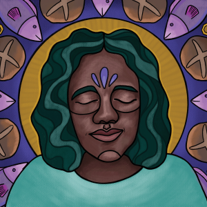 The illustration shows a dark-skinned woman with blue/green hair and her eyes closed with a halo. Around her are loaves, fishes, and crickets. 