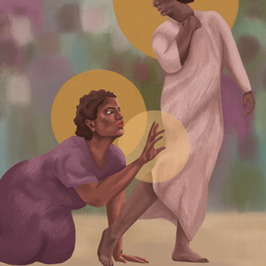 The illustration shows the woman who grabbed onto Jesus' cloak. Both figures have brown skin and are wearing purple toned cloaks 