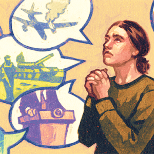 Illustration of a young girl with hands clasped in prayer with comic bubbles filled with airplanes and executive power and images of war.