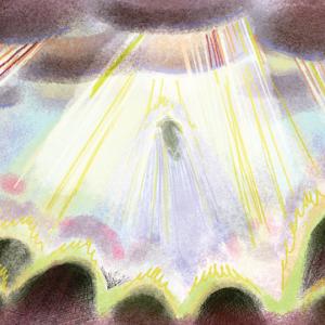 An illustration of a blurry figure rising above what appear to be the backs of the heads of a crowd of people. Multiple rays of sunlight in hues of red, purple, green, and yellow shine down from the clouds as well.