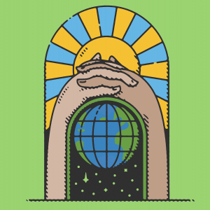 Illustration of hands folded in prayer forming a doorway above planet Earth