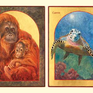 Icons of an Sumatran orangutan mother and child and a loggerhead sea turtle