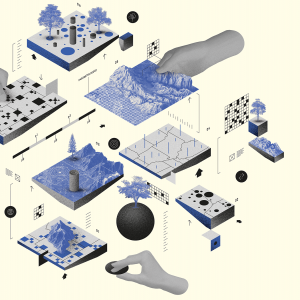 Illustration of human hands touching various layered types of maps