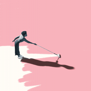 Illustration of a Black woman using a paint roller to paint her pink background white