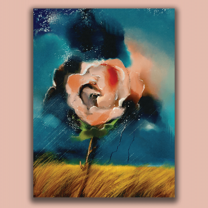 Illustration of a single, large rose caught in a storm in a wheat field