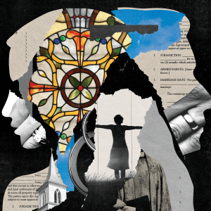 Collage of divorce papers, stained-glass windows, and the side profiles of a woman and a man.