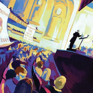  An illustration of a protest for Michael Brown at a concert hall. Banners hang from the balcony on the left side over the audience as a conductor leads the St. Louis Symphony Orchestra on stage on the right side.
