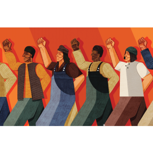 Illustration of a multiracial group of people with their fists raised