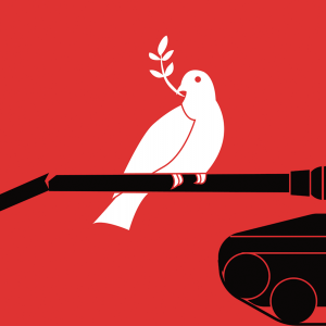 The illustration shows a white peace dove sitting on a broken tank, on a red background. 