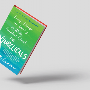 The image show the green and blue cover of the book The Exvangelicals, by Sarah McCammon