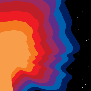 Outlines of multiple faces with their mouths open as if singing or shouting. The faces overlap and are different colors.