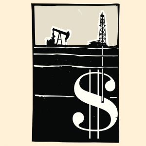 The illustration shows a fracking drill, extracting a giant dollar sign from under the earth. 