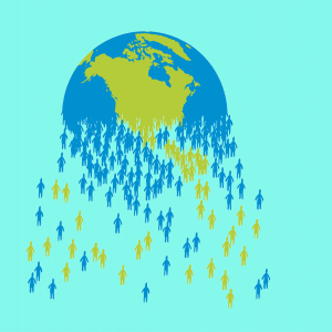 A graphic of the Earth. The bottom half dissipates into a bunch of little stick figures of green and blue, the same colors as the globe.