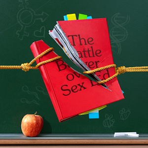 Illustration of two ropes tearing a book with the title "The Battle Over Sex Ed" in half 