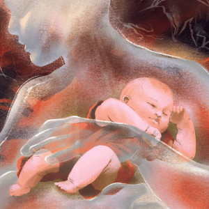 The illustration shows a semi-transparent person holding a newborn infant on a red, tendril-esque background. 