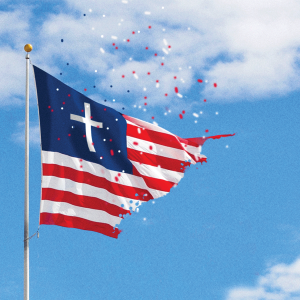 The image is a American flag with a white cross in the blue section, disintegrating into the wind on a blue background, 