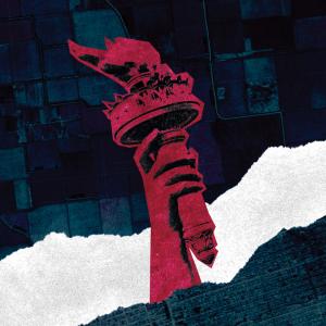 An illustration of the Statue of Liberty's torch, completely colored in red. The torch is ripping through a tear in the background, which depicts an aerial view of land plots in a dark blue tint.