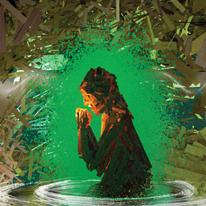 Illustration of a woman kneeling in prayer, surrounded by a green light.